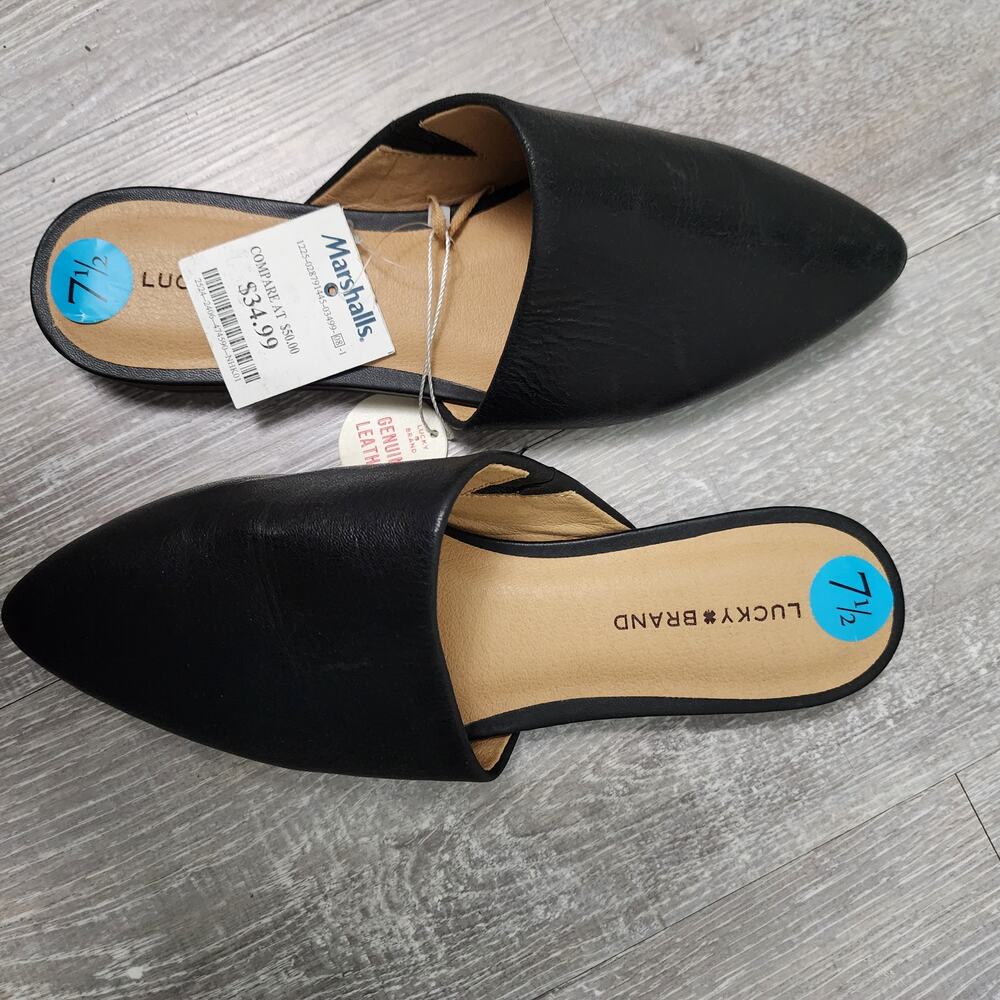 LUCKY BRAND Size 7.5 M Black Leather Pointed Slip On Mule Flat Sandals
